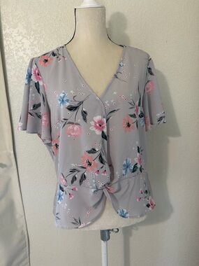 Candie's Light Gray Floral V-Neck Knot Front Blouse with Pink & Blue Flowers